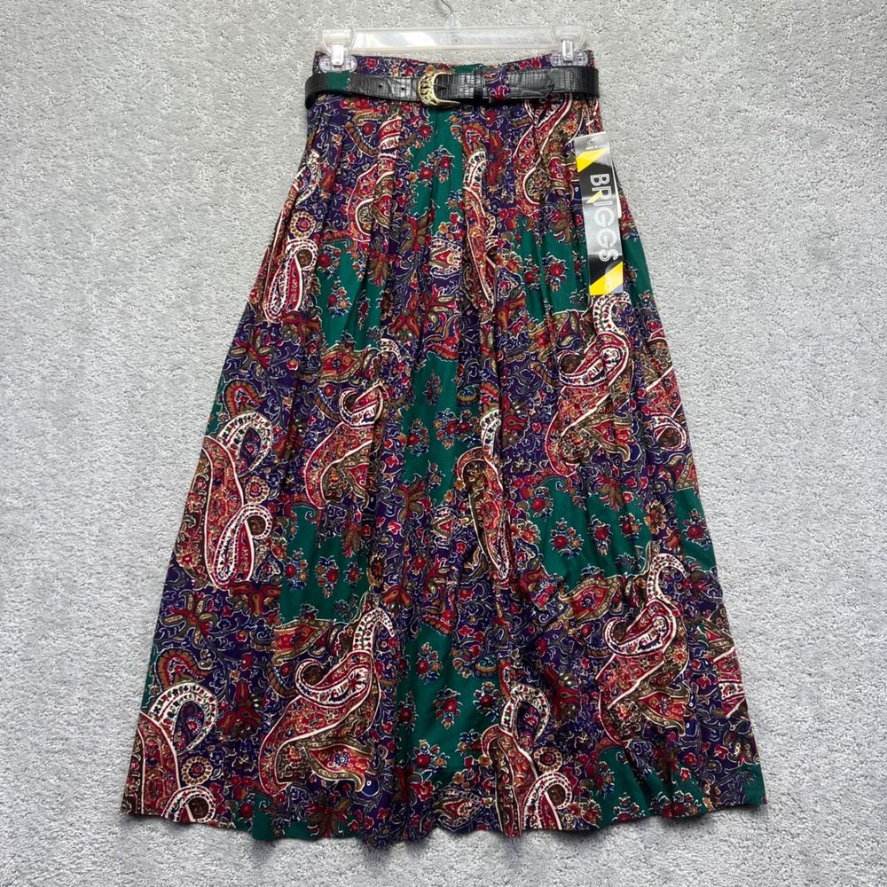 VINTAGE Briggs New York Skirt Size 8 Paisley Maxi Belted Pleated Rayon NWT